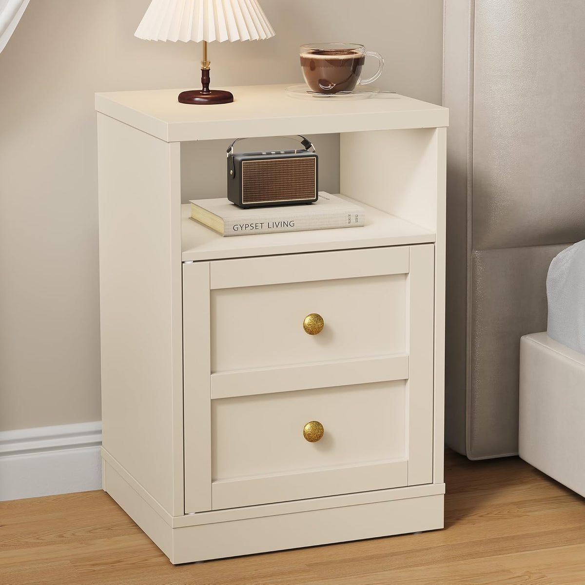Royalcraft Nightstand Set of 2, End Table with Storage Shelf and Door, Faux two-drawer Design Side Table , Modern Night Stand for Bedroom Dorm, Wood Beside Table for Living Room Small Spaces