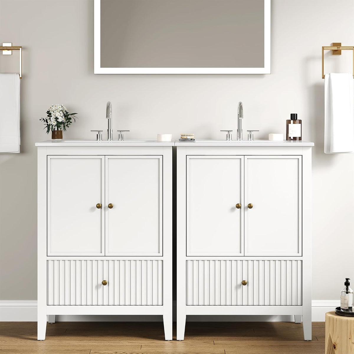 Royalcraft 24'' Bathroom Vanity with Sink, Modern Bathroom Vanity Sink Cabinet with Doors and Fluted Drawers, Free Standing Bathroom Storage Cabinet with Sink Combo Set, White