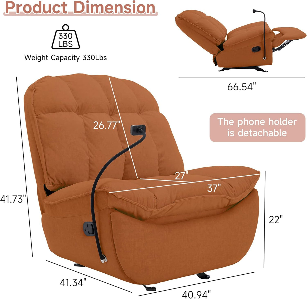 Oversized Rocker Recliner Chairs for Adults 400lbs, Rocking Recliner with Cell Phone Holder, Glider Rocker, Wide Large Single Recliner Sofa for Living Room Theater Seating