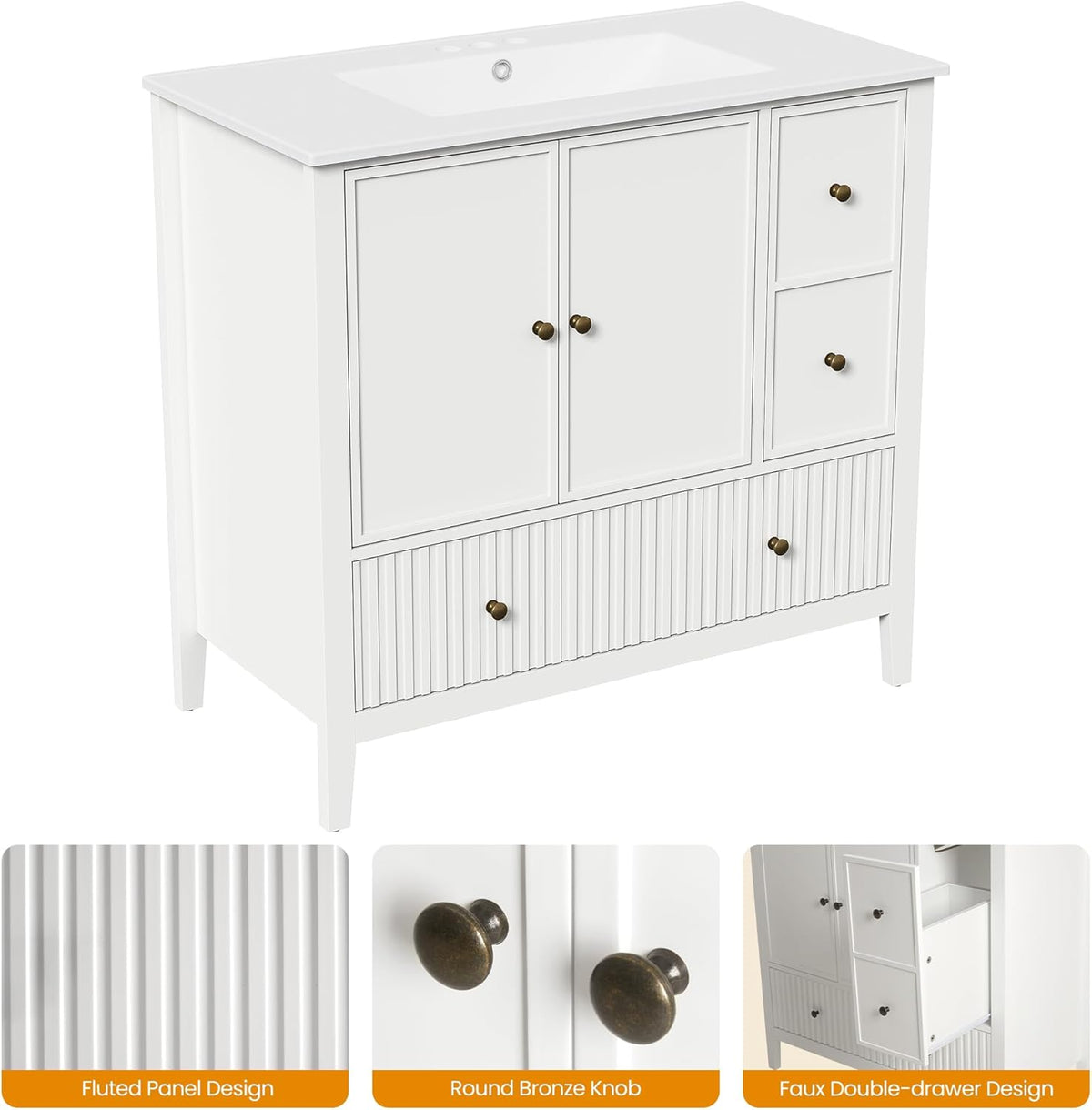 Royalcraft 36'' Bathroom Vanity with Sink, Modern Bathroom Vanity Sink Cabinet with Doors and Fluted Drawers, Free Standing Bathroom Storage Cabinet with Sink Combo Set, White