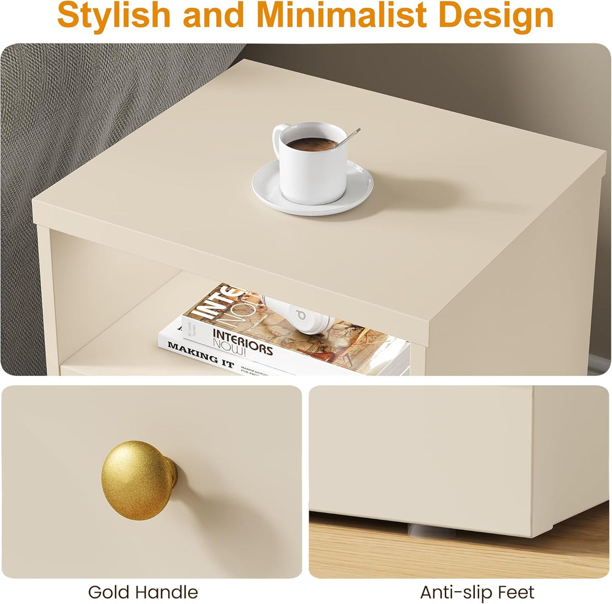 Royalcraft Nightstand with Storage Shelf and Door, Faux two-drawer Design Side Table , Modern Night Stand for Bedroom Dorm, Wood End Table for Living Room Small Spaces