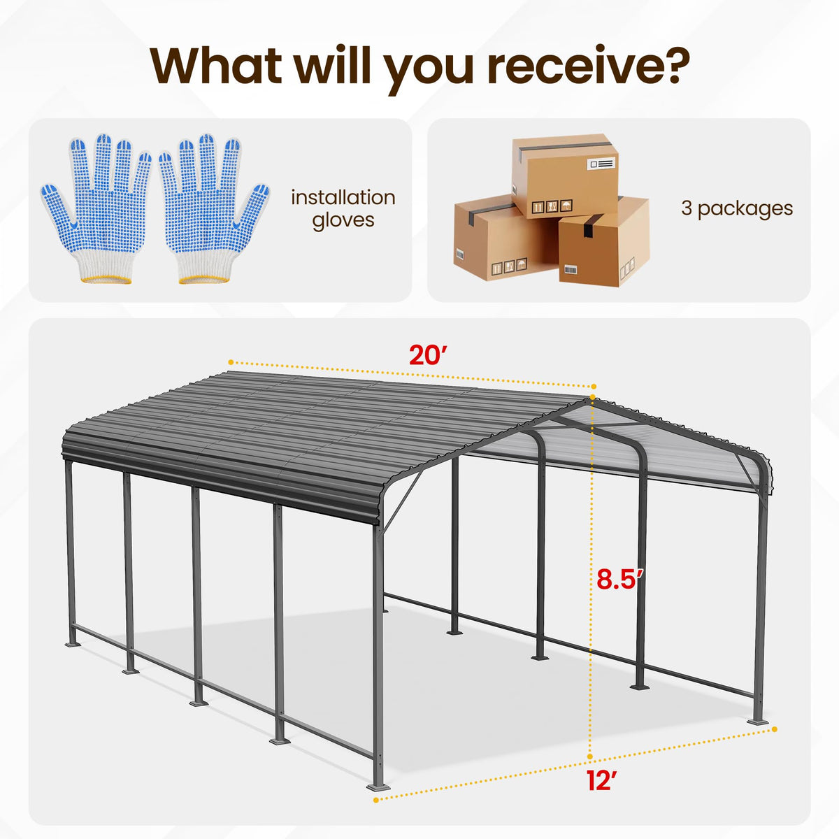 CozyHome 12x20 FT Metal Carport, Heavy Duty Canopy with Updated Roof & Enhanced Base, Multi-Use Carport Garage for Car, Truck, Boat, Tractors, Party, Grey