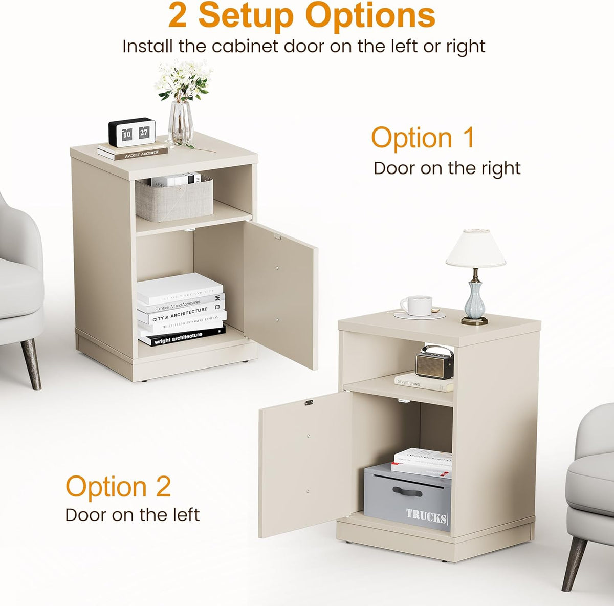 Royalcraft Nightstand Set of 2, End Table with Storage Shelf and Door, Faux two-drawer Design Side Table , Modern Night Stand for Bedroom Dorm, Wood Beside Table for Living Room Small Spaces