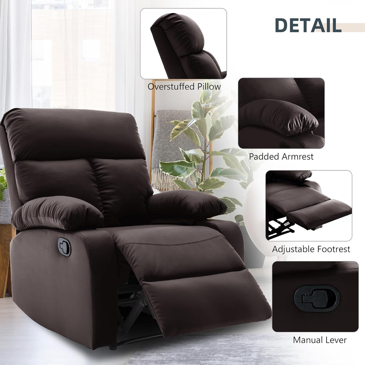 Manual Recliner Chair for Adults, Small Recliners for Small Spaces, Lazy boy Recliner Sofa Velvet Reclining Chairs for Living Room, RV, Bedroom