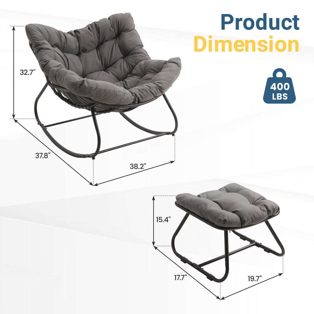 RoyalCraft Patio Rocking Chair with Ottoman, Outdoor Indoor Rocking Egg Chair with Cushions, Metal Lounge Chair Oversized Papasan Chair, Outdoor Wicker Reading Chair for Porch Garden, Dark Grey