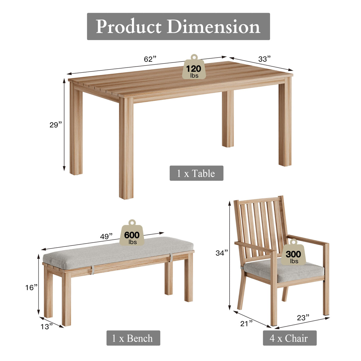 May in Color Aluminum 6 Pieces Patio Dining Sets, Outdoor Dining Table with 4 Chairs and Bench, Outdoor Patio Dining Furniture Set with Removable Cushion for Lawn, Garden, Backyard, Brown