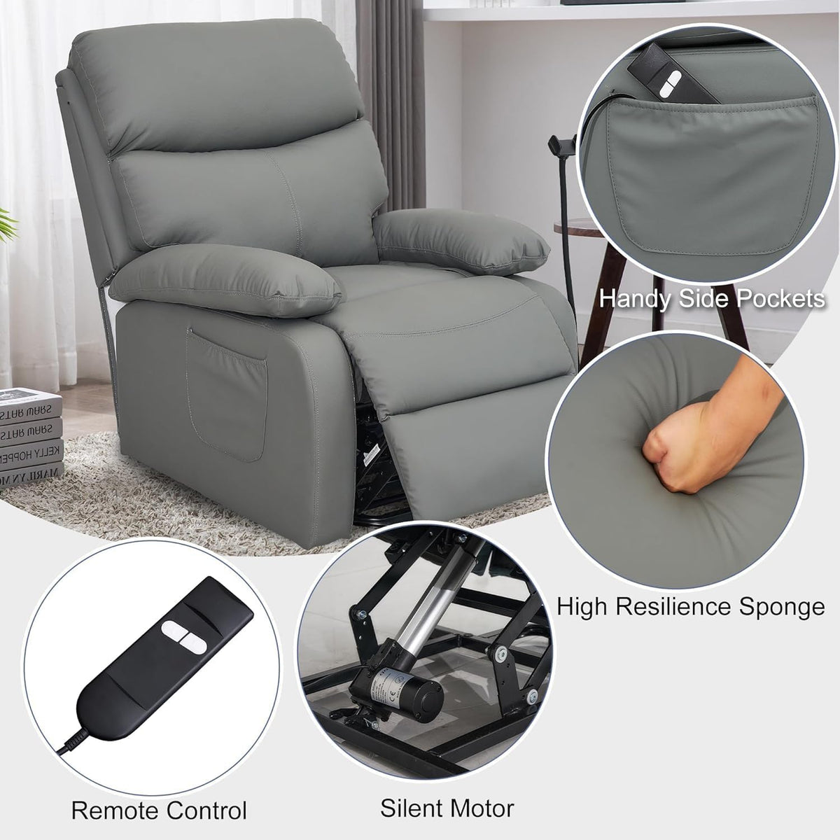 Electric Lift Recliner, Power Lift Recliner Chair with Waterproof Fabric, Lift Chair with Side Pocket and Remote Control, Easy to Operate