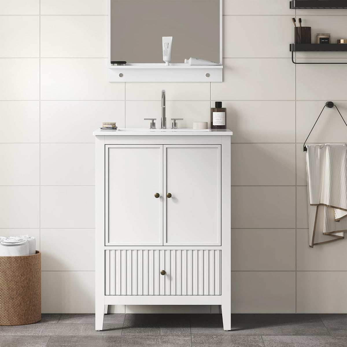 Royalcraft 24'' Bathroom Vanity with Sink, Modern Bathroom Vanity Sink Cabinet with Doors and Fluted Drawers, Free Standing Bathroom Storage Cabinet with Sink Combo Set, White