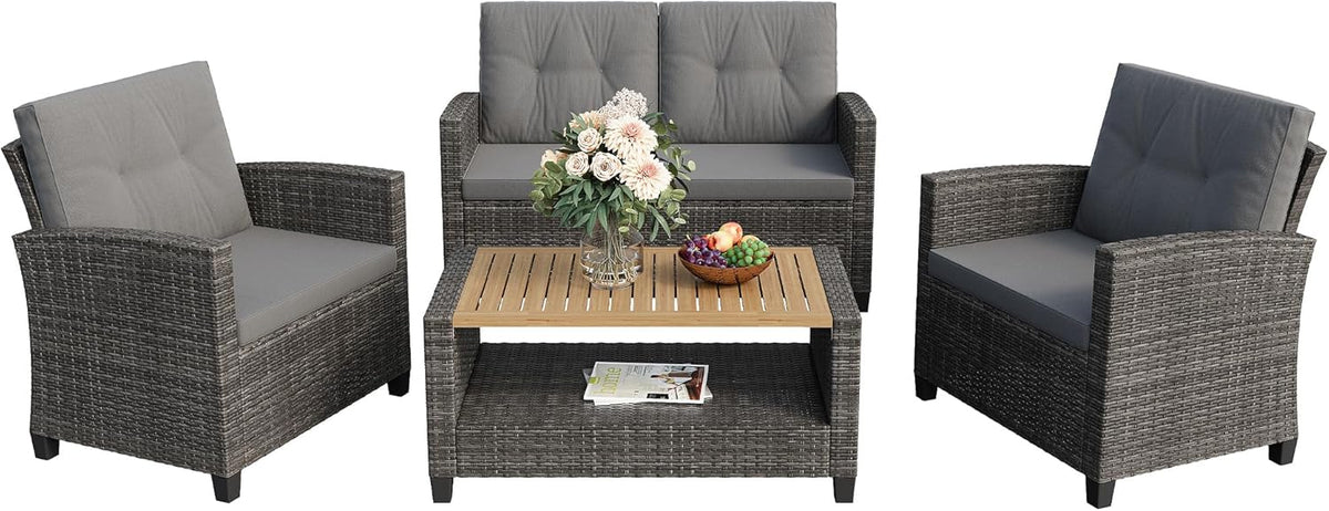 Royalcraft 4-Piece Wicker Patio Conversation Sets with Coffee Table, All Weather Patio Furniture Set with High Backrest, Outdoor Sectional Sofa Couch for Porch Balcony Backyard Deck, Grey