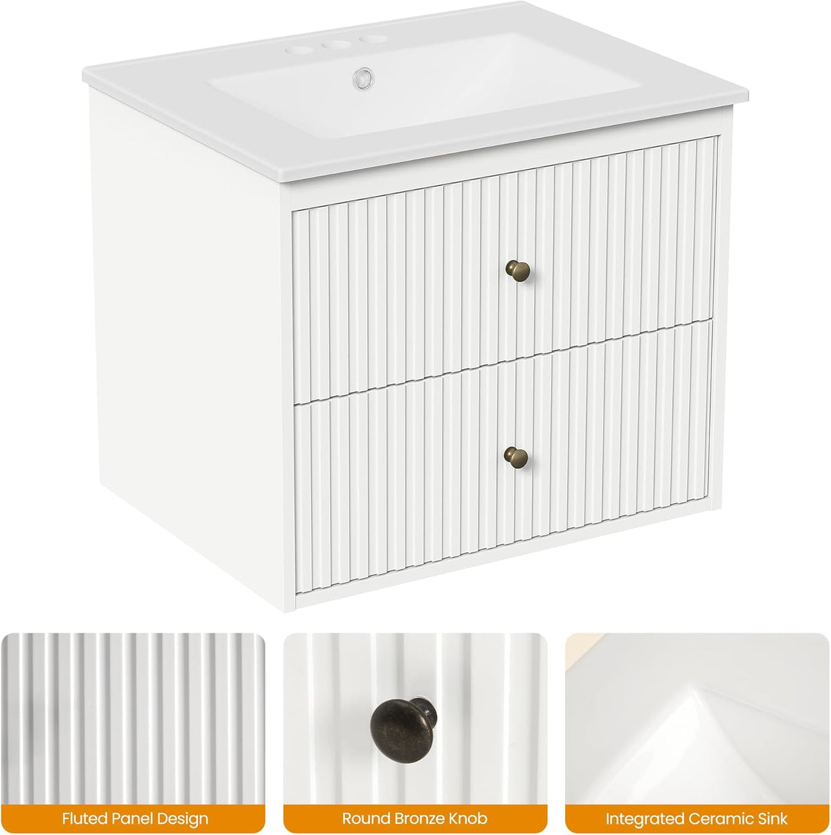 Royalcraft 24'' Bathroom Vanity with Sink, Floating Bathroom Vanity Sink Cabinet with 2 Fluted Drawers, Wall Mounted Bathroom Storage Cabinet with Sink Combo Set, White