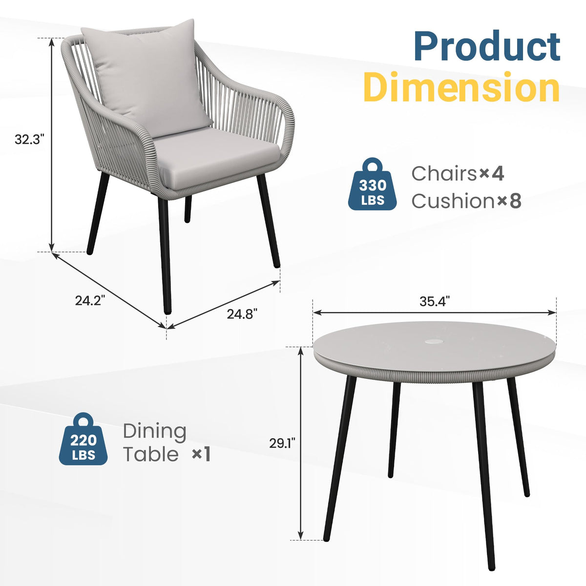 RoyalCraft 5-Piece Patio Dining Table Set, All Weather Twisted Rattan Furniture Set with Cushions, Outdoor Dining Table Chair Set with Umbrella Hole, Ideal for Backyard Balcony Deck Garden, Grey