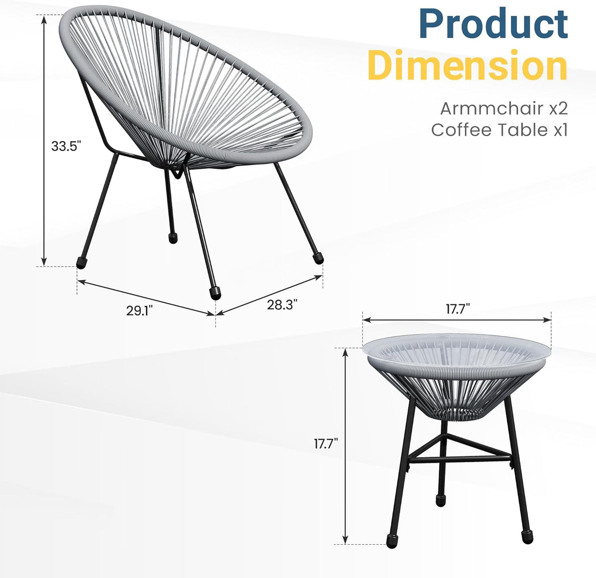 Royalcraft 3-Piece Outdoor Acapulco All-Weather Patio Conversation Bistro Set, Outdoor Woven Rope Chairs and Glass Top Table, 3 Piece Patio Bistro Set for Yard Balcony Poolside, Grey