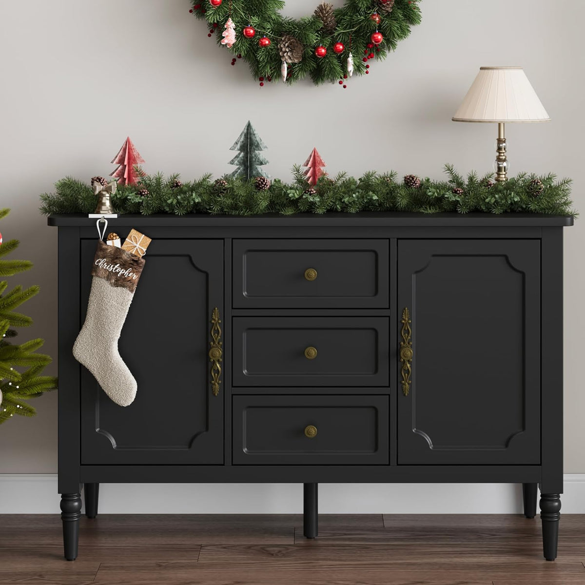 RoyalCraft Storage Cabinet with 2 Doors & 3 Drawers, Mid-Century Sideboard Cabinet with Adjustable Shelves, Wood Buffet Cabinet with Turned Legs, Ideal for Entryway, Living Room, Dining Room