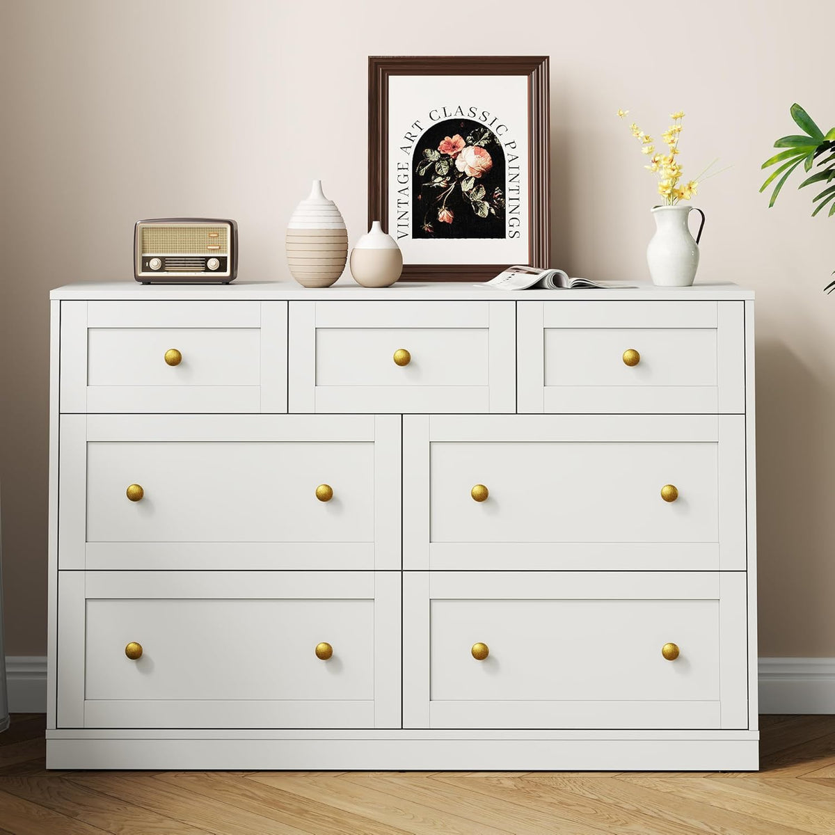 Royalcraft 7 Drawer Dresser, Modern Chest of Drawers with Gold Knobs, Wooden TV Stand Storage Organizer for Bedroom, Living Room, Entryway