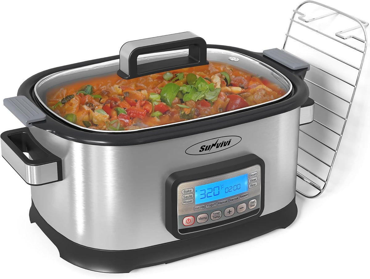Royalcraft 11-in-1 Multi Slow Cooker Roaster Oven, 6.5QT Sliver Digital Programmable Slow Cooker with Rack, Large Removable Nonstick Crock, Glass Lid, Multicooker with Timer Temp Control, Delay Start