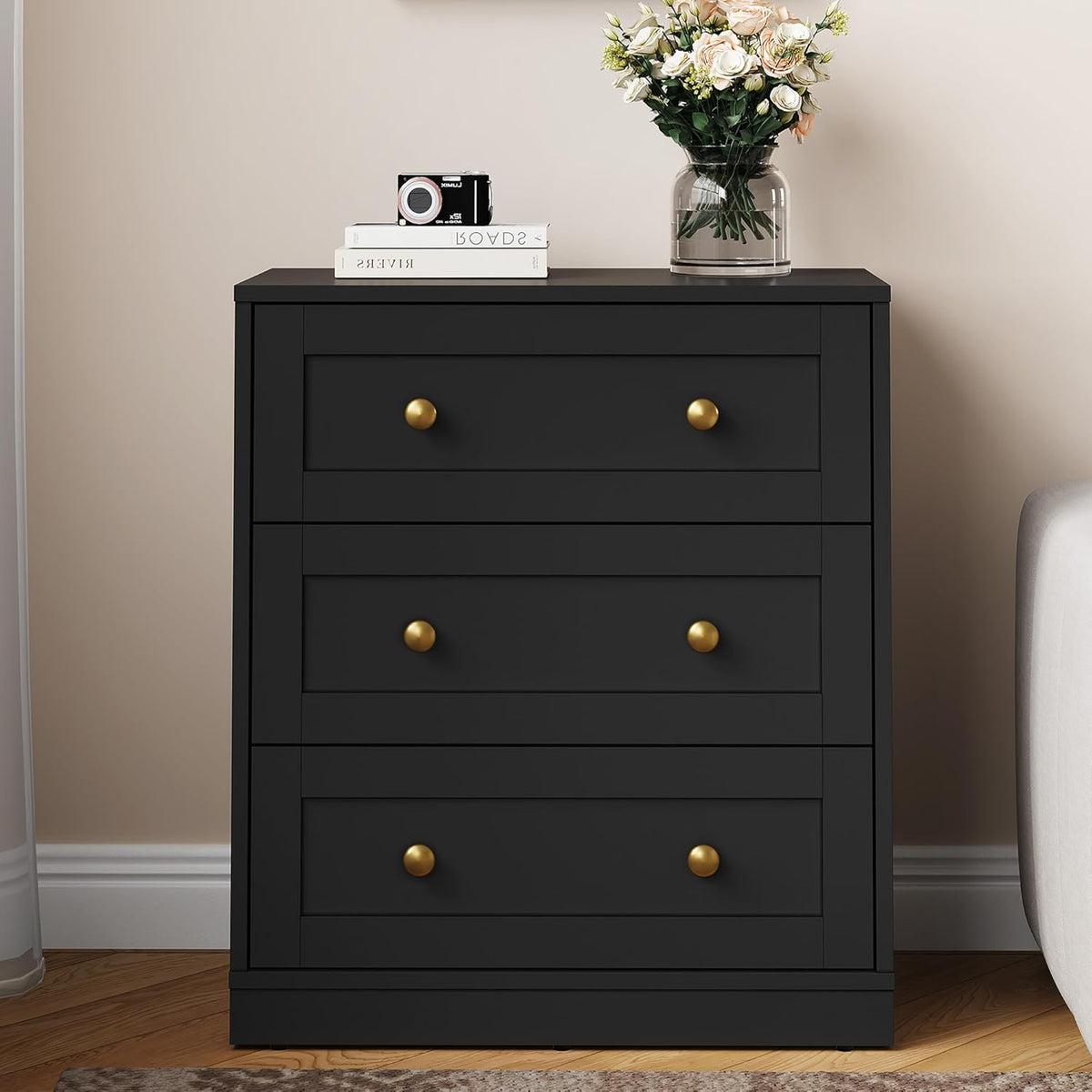 Royalcraft 3-Drawer Nightstand, Spacious Bedside Table with Gold Round Knobs, Modern Wooden End Table, Accent Chest of Drawers for Bedroom, Living Room, Hallway, or Closet