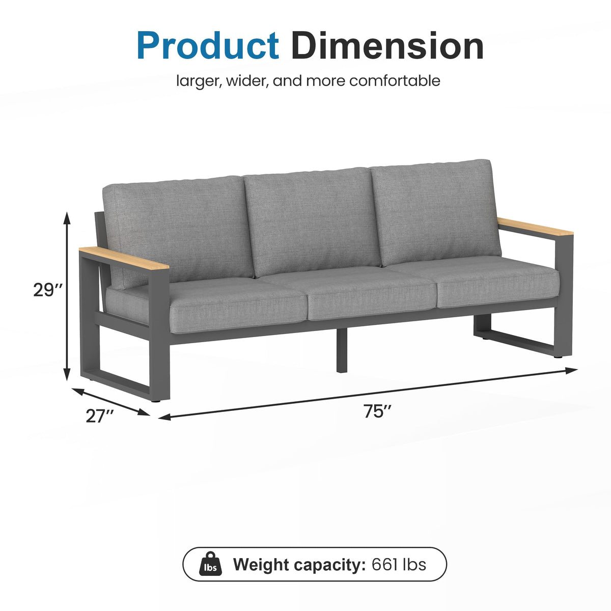 CozyHome Aluminum Outdoor Couch, All-Weather Metal Patio 3-seat Sofa with Soft Thick Cushions, Patio Sofa Couch for Porch Backyard Garden, Grey