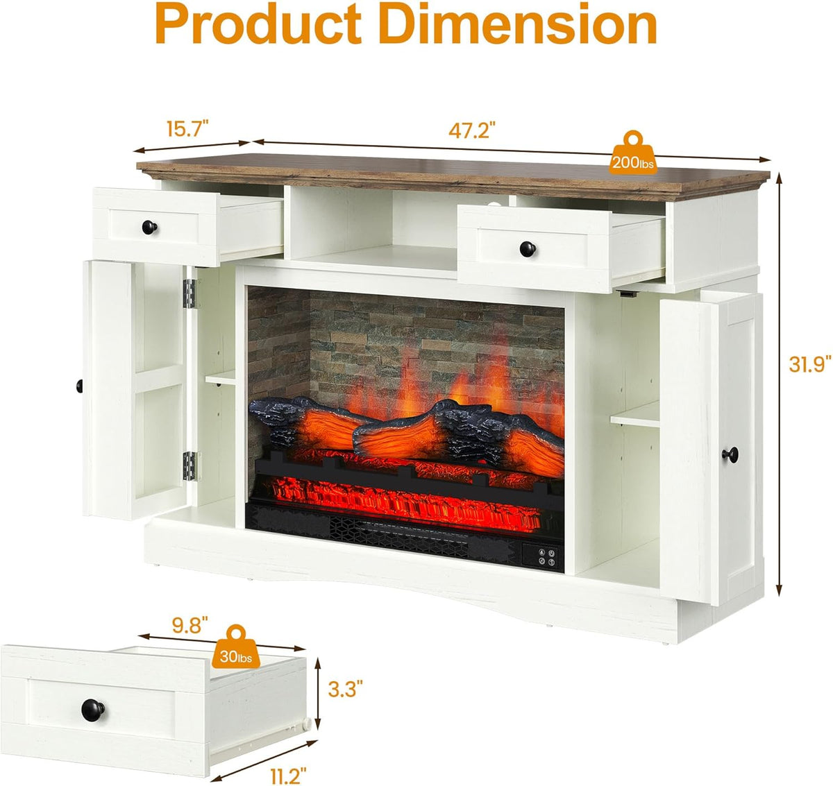 RoyalCraft TV Stand with 28'' Fireplace for TVs up to 55'', Media Console Table with Adjustable Shelves, Double-door Design, Entertainment Center for Living Room, Bedroom