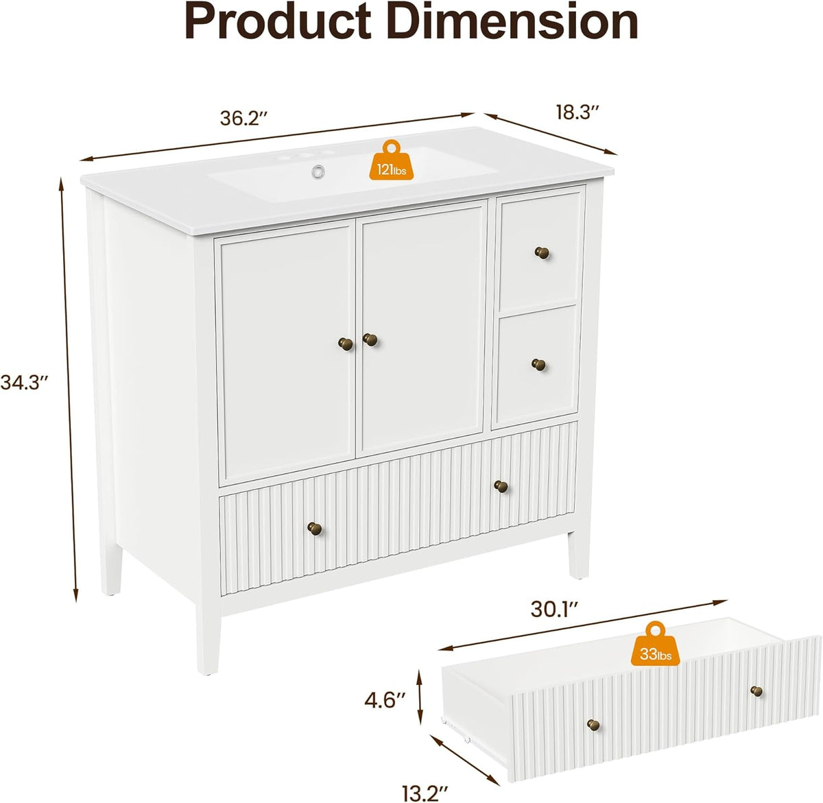 Royalcraft 36'' Bathroom Vanity with Sink, Modern Bathroom Vanity Sink Cabinet with Doors and Fluted Drawers, Free Standing Bathroom Storage Cabinet with Sink Combo Set, White