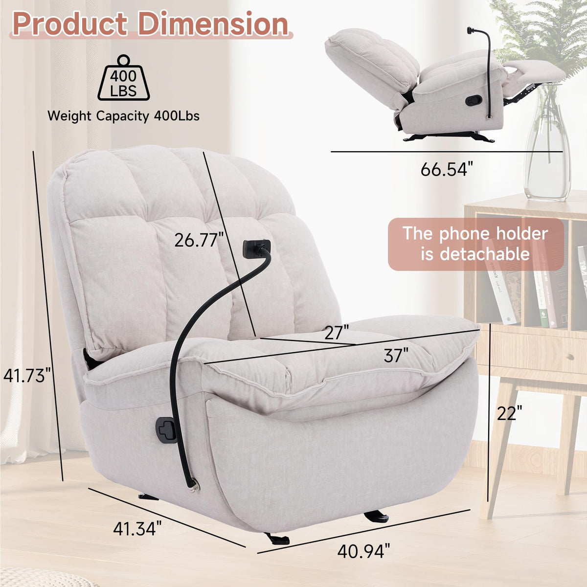 Oversized Rocker Recliner Chairs for Adults 400lbs, Rocking Recliner with Cell Phone Holder, Glider Rocker, Wide Large Single Recliner Sofa for Living Room Theater Seating