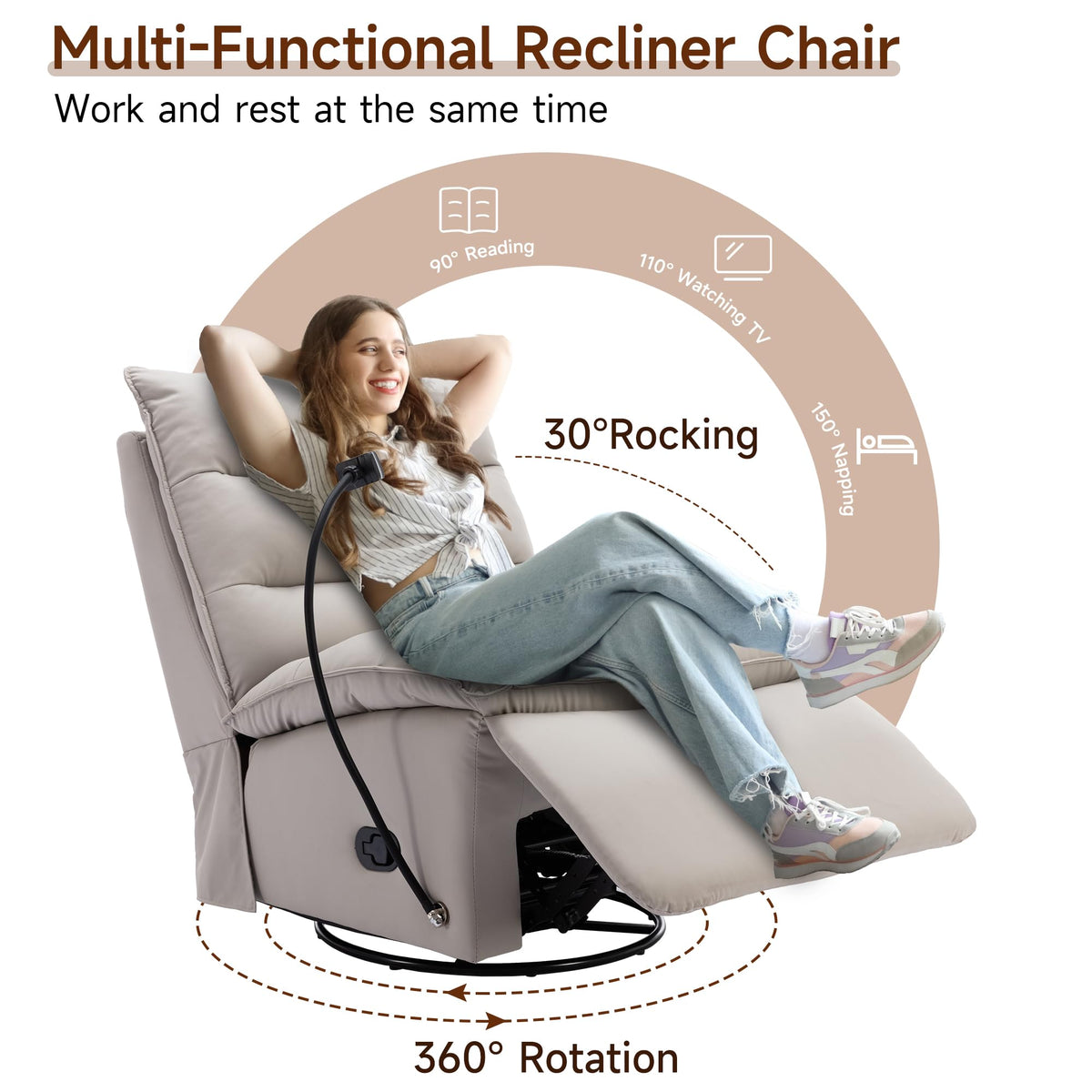 Oversized Rocker Recliner Chair for Adults, Swivel Rocking Recliner Bean Bag Chair Sofa, Armless Push Back Recliner Chair for Living Room Home Theater