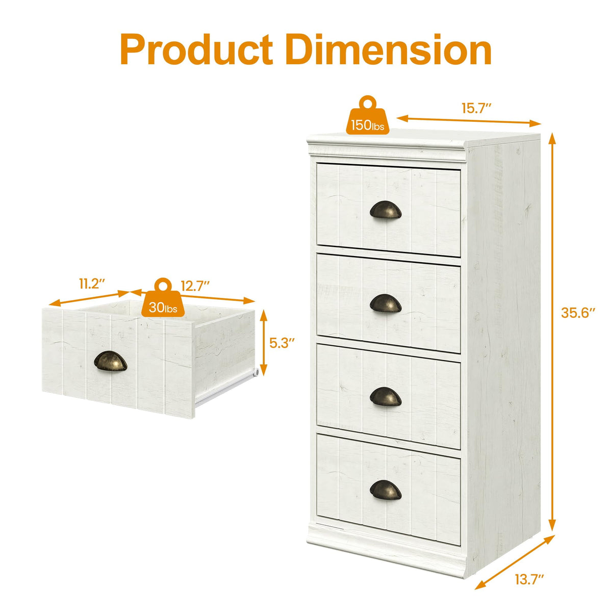 CozyHome Fluted Dresser with 4 Drawers, White Closet Dresser with Vintage Bronze Metal Handles, Modern Dresser Organizer with Soft-Close Drawers, Chest of Drawers for Bedroom, Living Room, Entryway