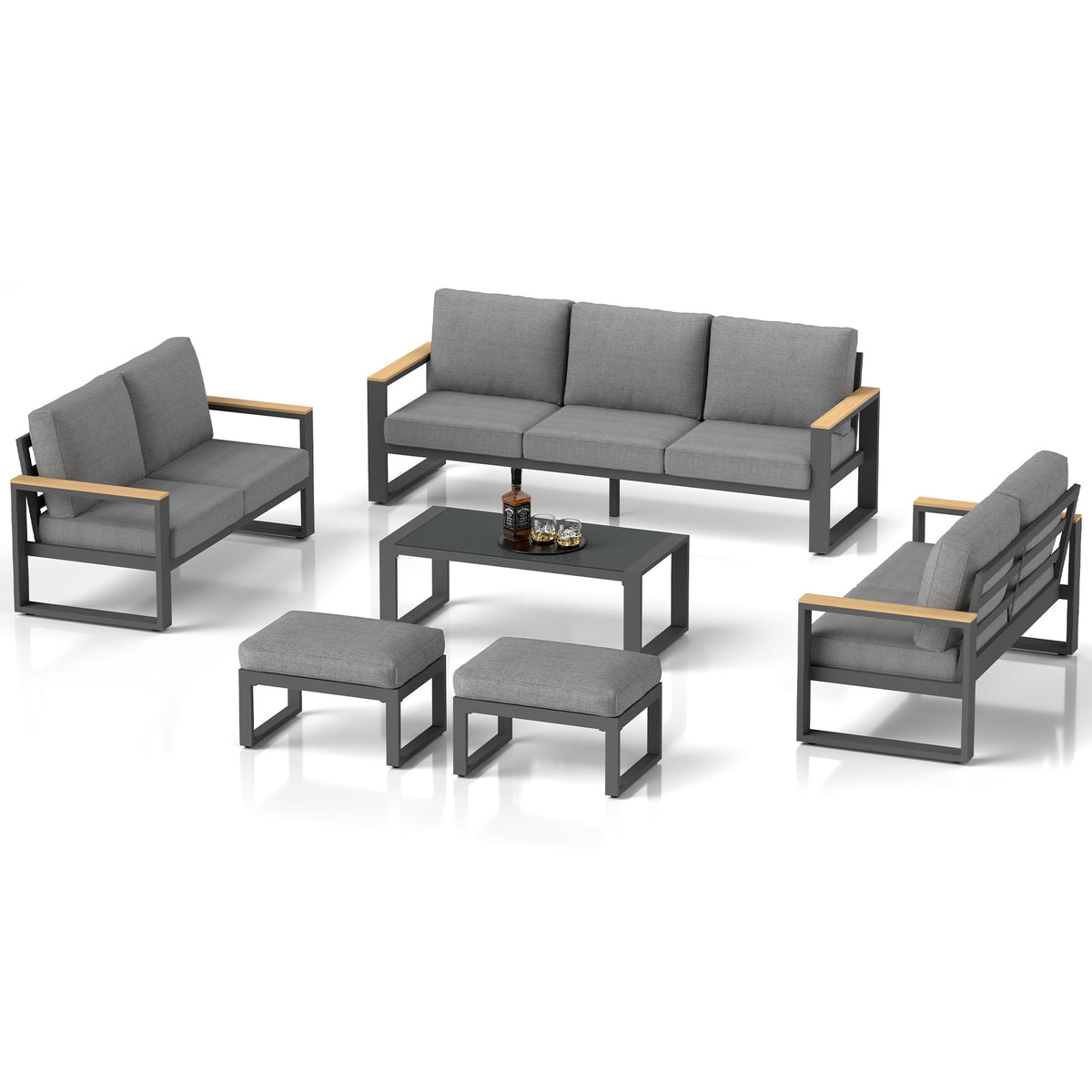 Aluminum Outdoor Patio Furniture Set with Height-adjustable Footrest for Lawn Porches Patio, 7 Piece All-weather Patio Sofa Sets with Coffee Table & Ottomans, Outdoor Patio Conversation set, Grey