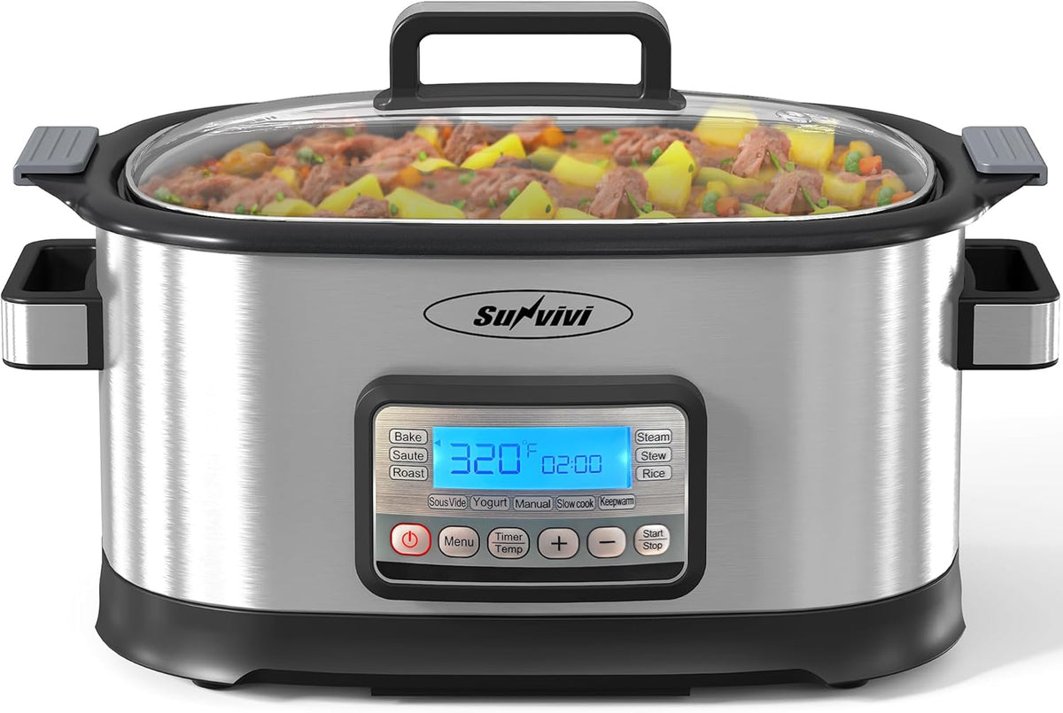 Royalcraft 11-in-1 Multi Slow Cooker Roaster Oven, 6.5QT Sliver Digital Programmable Slow Cooker with Rack, Large Removable Nonstick Crock, Glass Lid, Multicooker with Timer Temp Control, Delay Start