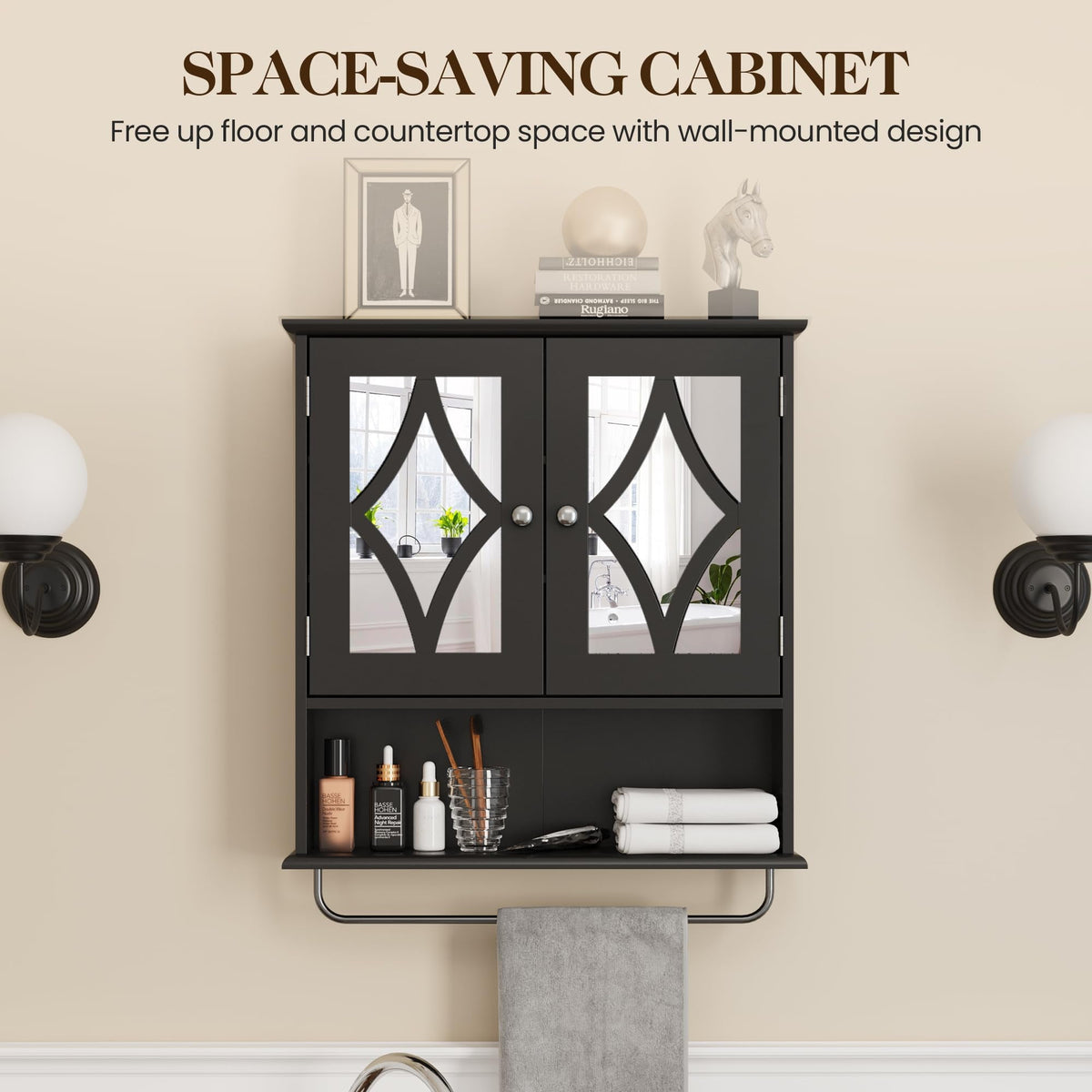 RoyalCraft Bathroom Medicine Cabinet with Mirror, Vanity Wall Mounted Storage Cabinet with Adjustable Shelves and Towel Bar, Hanging Wall Cabinet for Bathroom, Laundry, Living Room, Black