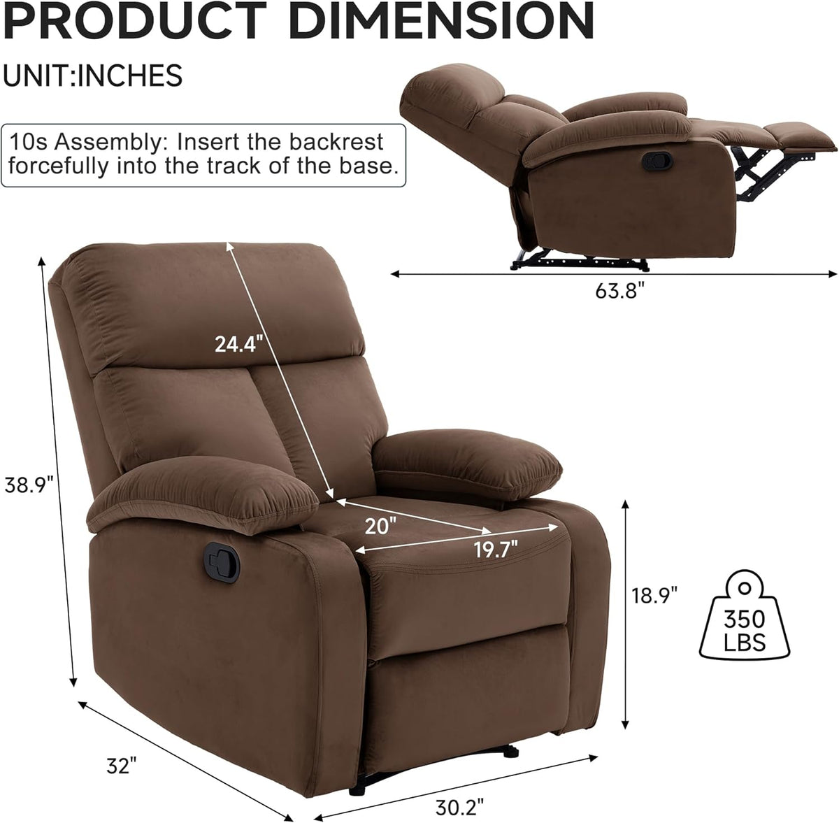 Manual Recliner Chair for Adults, Small Recliners for Small Spaces, Lazy boy Recliner Sofa Velvet Reclining Chairs for Living Room, RV, Bedroom