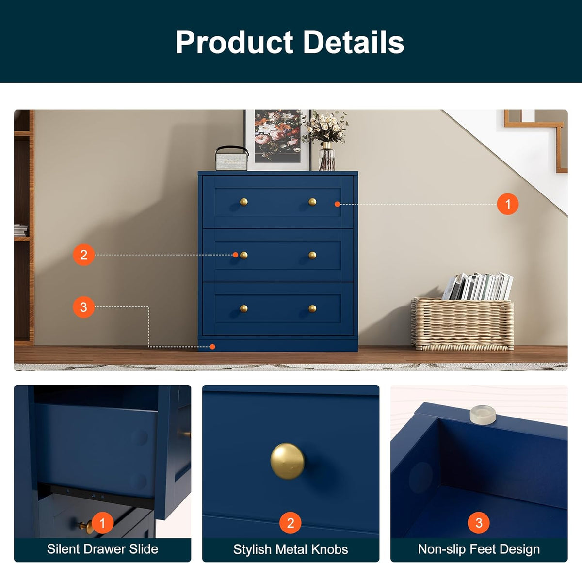 Royalcraft 3-Drawer Nightstand, Spacious Bedside Table with Gold Round Knobs, Modern Wooden End Table, Accent Chest of Drawers for Bedroom, Living Room, Hallway, or Closet