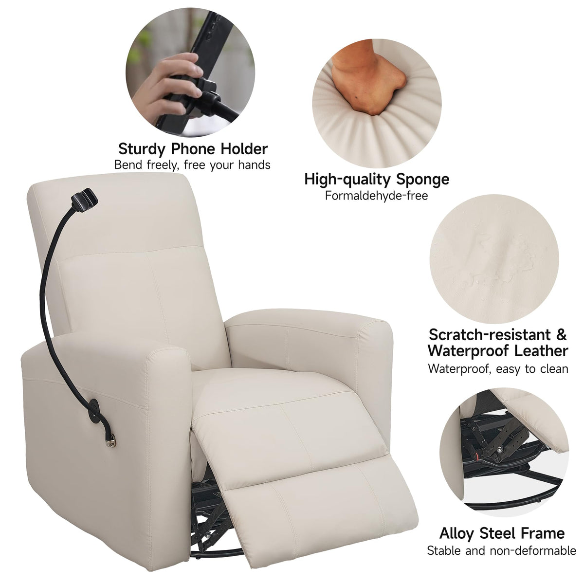 Power Swivel Glider Chair Nursery, Swivel Rocker Recliner with USB Ports, Rocking Chair with Microfiber Leather, Waterproof, Living Room, Nursery