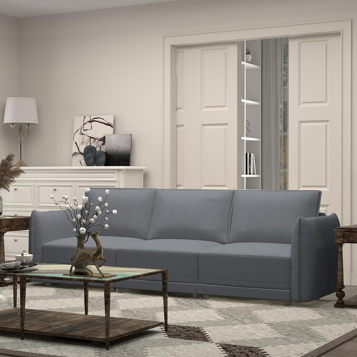 110" Convertible Sectional Sofa Couch, 3-Seat Modular Couch, Multi-Functional Wear-Resistant Faux Leather Couches,Comfy Sofa for Living Room, Apartment and Office, Grey sectional sofa couch sectional sofa couch sectional sofa couch