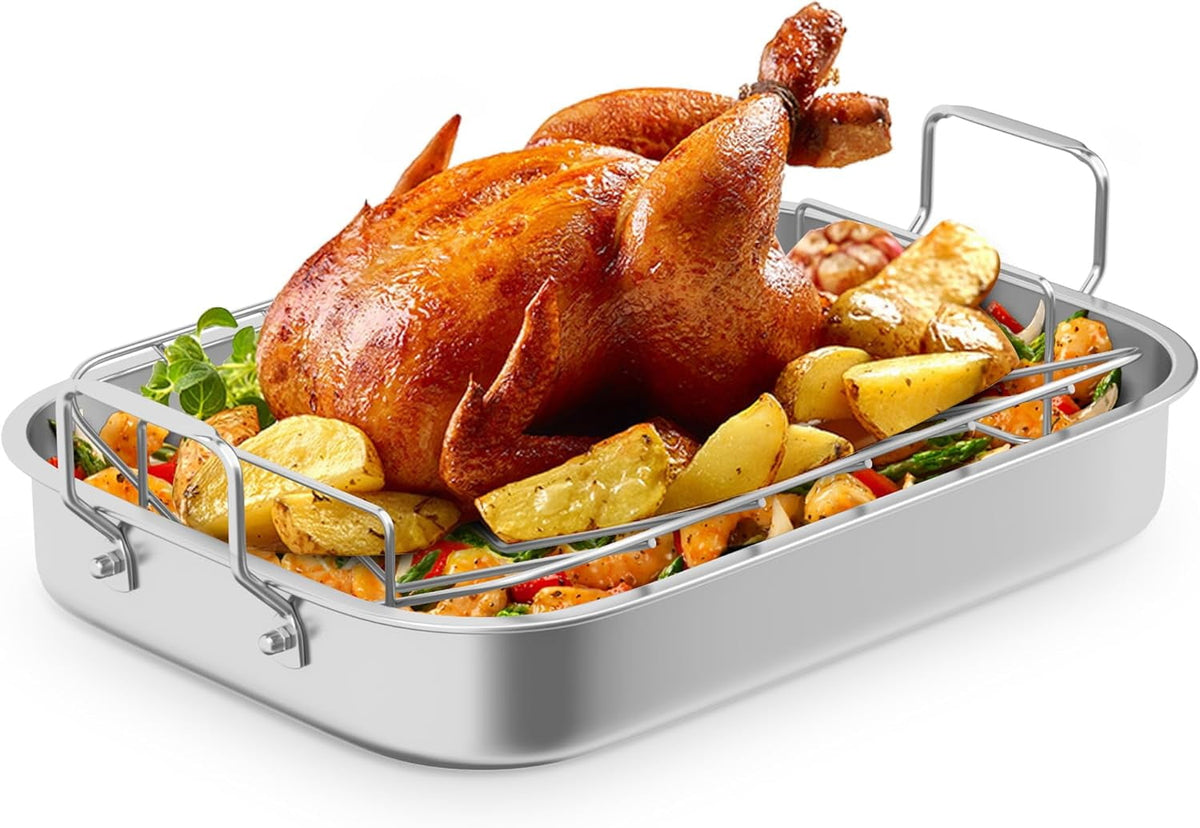 Royalcraft 15.6in  Roasting Pan with V-Shaped Rack, Rectangular Lasagna Pan with Handle, Non-Stick Stainless Steal Roaster for Turkey, Chicken, Vegetable, Silver