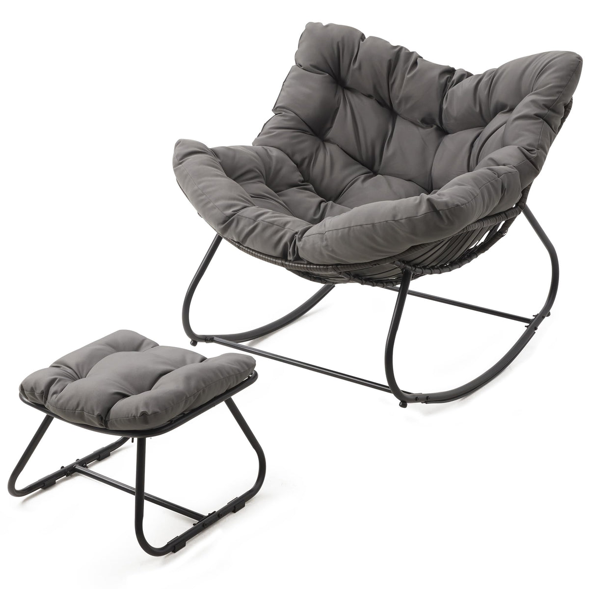 RoyalCraft Patio Rocking Chair with Ottoman, Outdoor Indoor Rocking Egg Chair with Cushions, Metal Lounge Chair Oversized Papasan Chair, Outdoor Wicker Reading Chair for Porch Garden, Dark Grey
