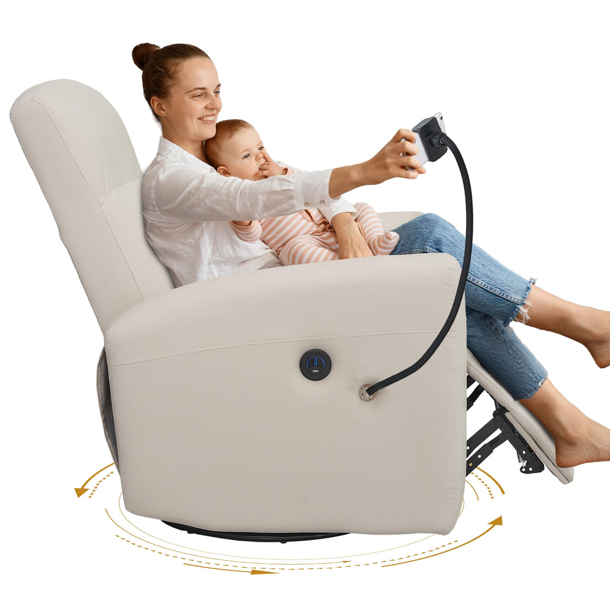Power Swivel Glider Chair Nursery, Swivel Rocker Recliner with USB Ports, Rocking Chair with Microfiber Leather, Waterproof, Living Room, Nursery