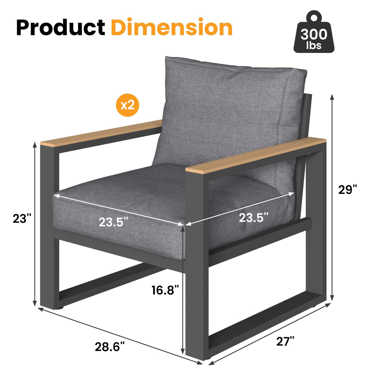 CozyHome Aluminum Outdoor Armchair, 2 Pieces All-Weather Metal Patio Single Sofa, Patio Conversation Set for Porch Backyard Garden, Grey