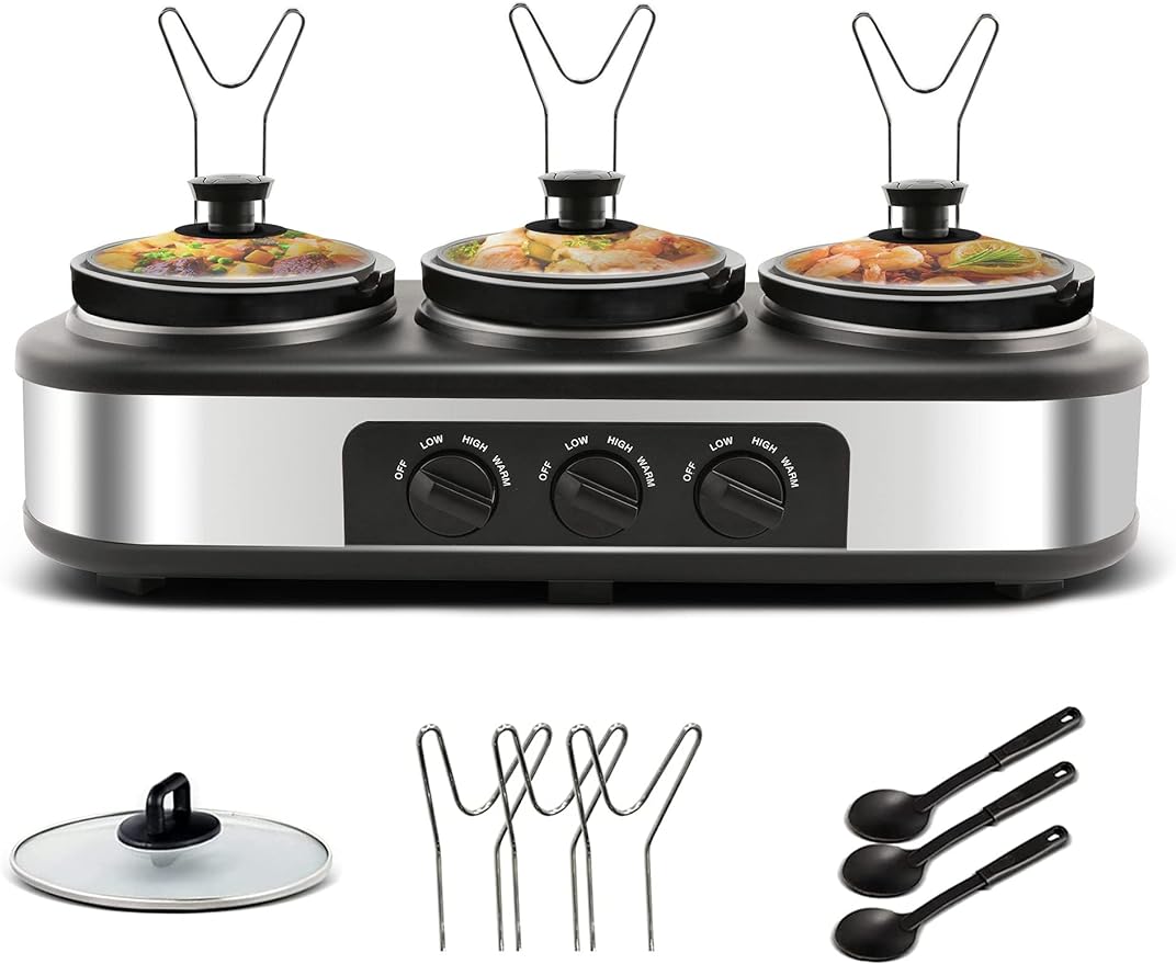 RoyalCraft Triple Slow Cooker - Effortlessly Cook and Serve Multiple Meals at Once, 3 Nylon Spoons , Adjustable Temp, Entrees, Sauces, Stews & Dips, Dishwasher Safe Glass Lid & Crock Ceramic Pot, 1.5 Quart 3 Crock Cooker Pot, Stainless Steel