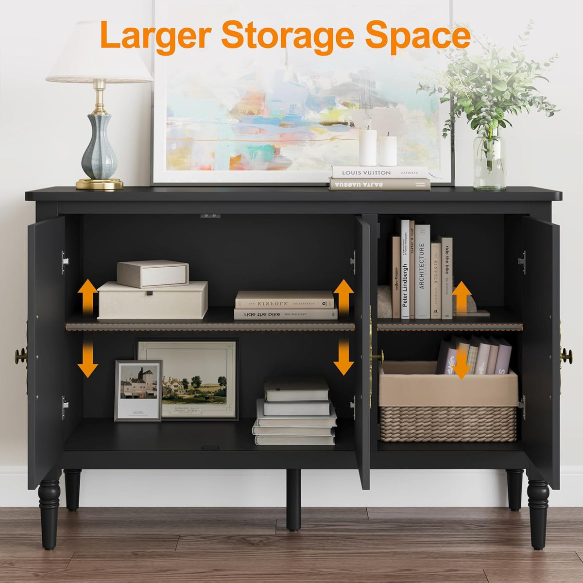 RoyalCraft Storage Cabinet with 3 Doors, Mid-Century Sideboard Cabinet with Adjustable Shelves, Wood Buffet Cabinet with Turned Legs, Accent Cabinet for Entryway, Living Room, Dining Room