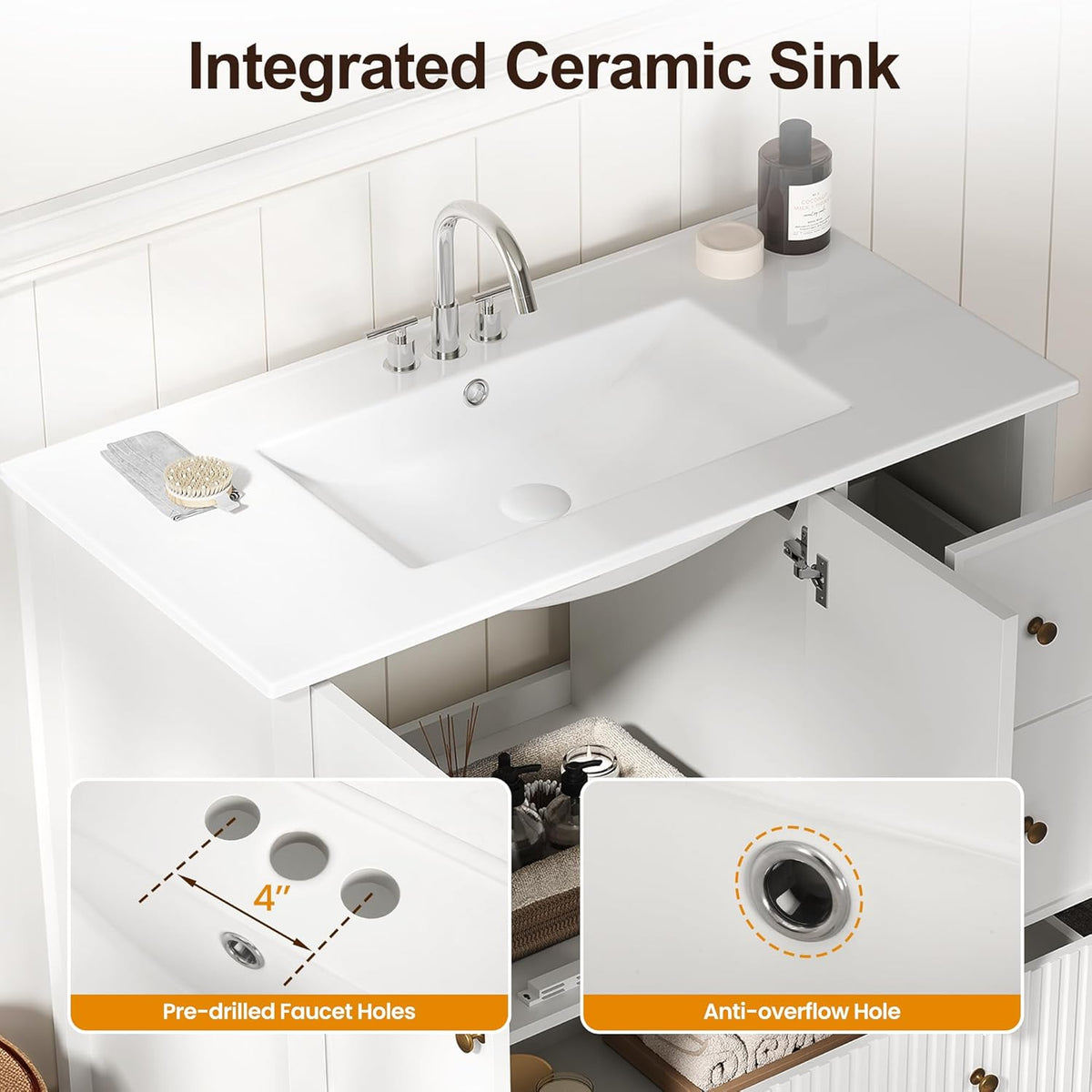 Royalcraft 36'' Bathroom Vanity with Sink, Modern Bathroom Vanity Sink Cabinet with Doors and Fluted Drawers, Free Standing Bathroom Storage Cabinet with Sink Combo Set, White