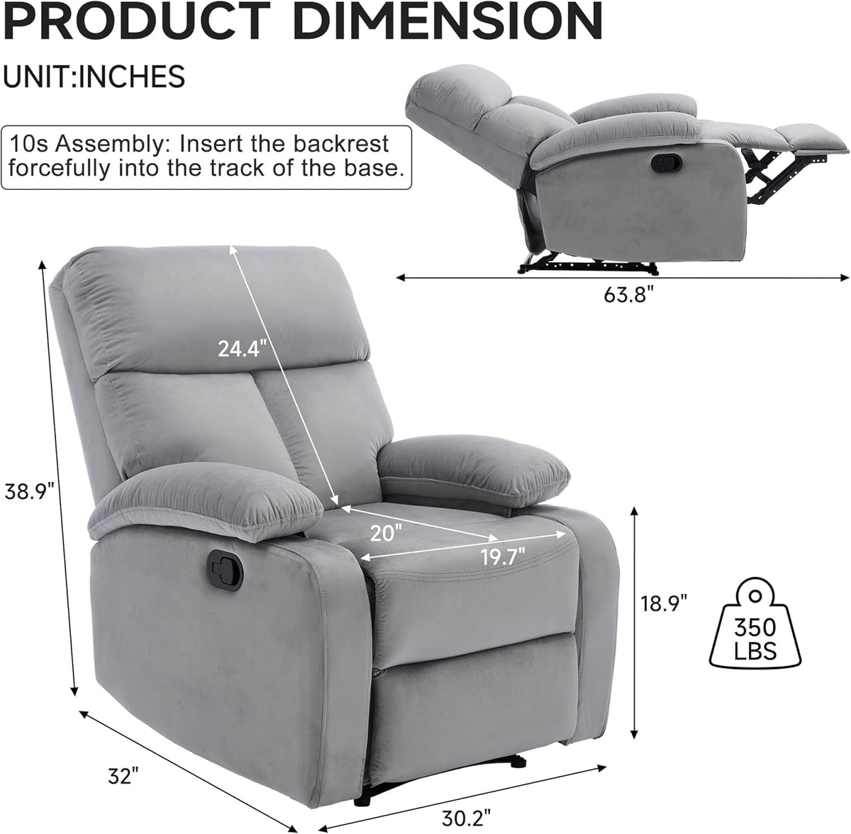 Manual Recliner Chair for Adults, Small Recliners for Small Spaces, Lazy boy Recliner Sofa Velvet Reclining Chairs for Living Room, RV, Bedroom