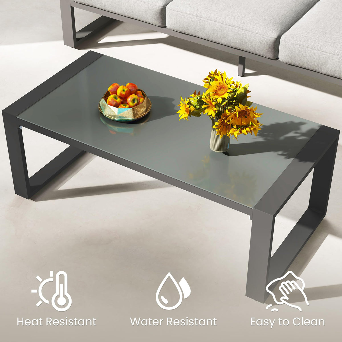 CozyHome Aluminum Outdoor Coffee Table, All-Weather Metal Rectangular Patio Side Table with Tempered Glass Top, Patio Tables for Porch Backyard Garden, Grey