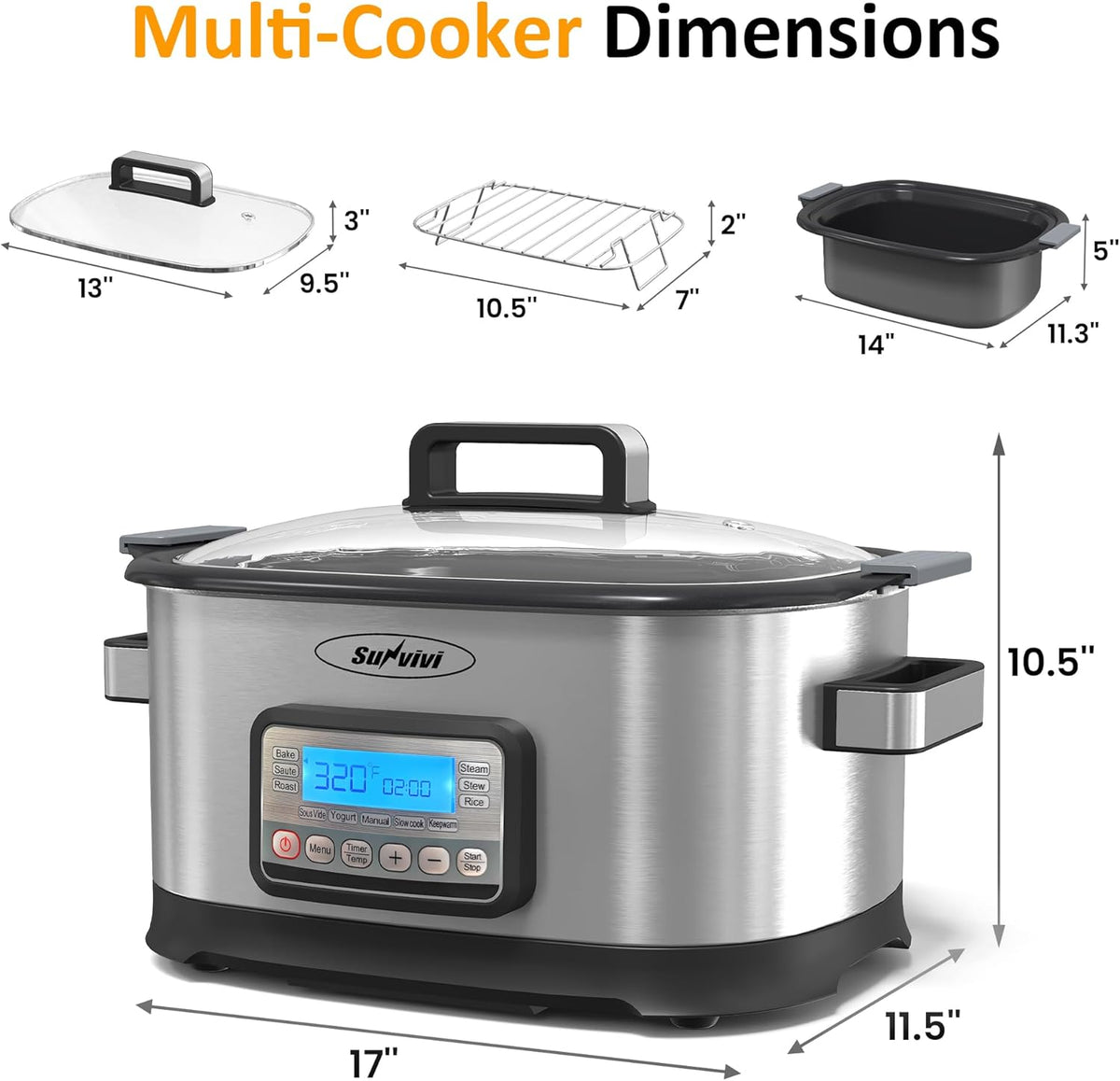 Royalcraft 11-in-1 Multi Slow Cooker Roaster Oven, 6.5QT Sliver Digital Programmable Slow Cooker with Rack, Large Removable Nonstick Crock, Glass Lid, Multicooker with Timer Temp Control, Delay Start