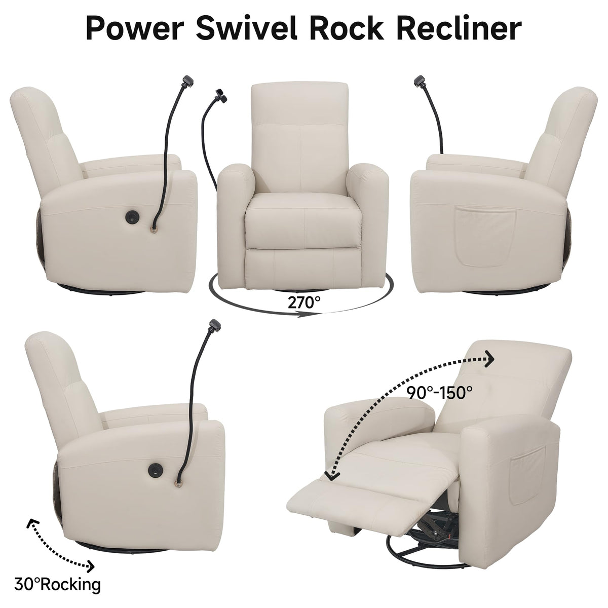 Power Swivel Glider Chair Nursery, Swivel Rocker Recliner with USB Ports, Rocking Chair with Microfiber Leather, Waterproof, Living Room, Nursery