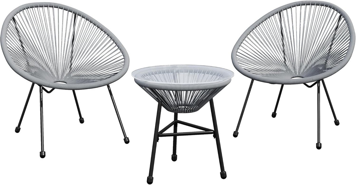 Royalcraft 3-Piece Outdoor Acapulco All-Weather Patio Conversation Bistro Set, Outdoor Woven Rope Chairs and Glass Top Table, 3 Piece Patio Bistro Set for Yard Balcony Poolside, Grey