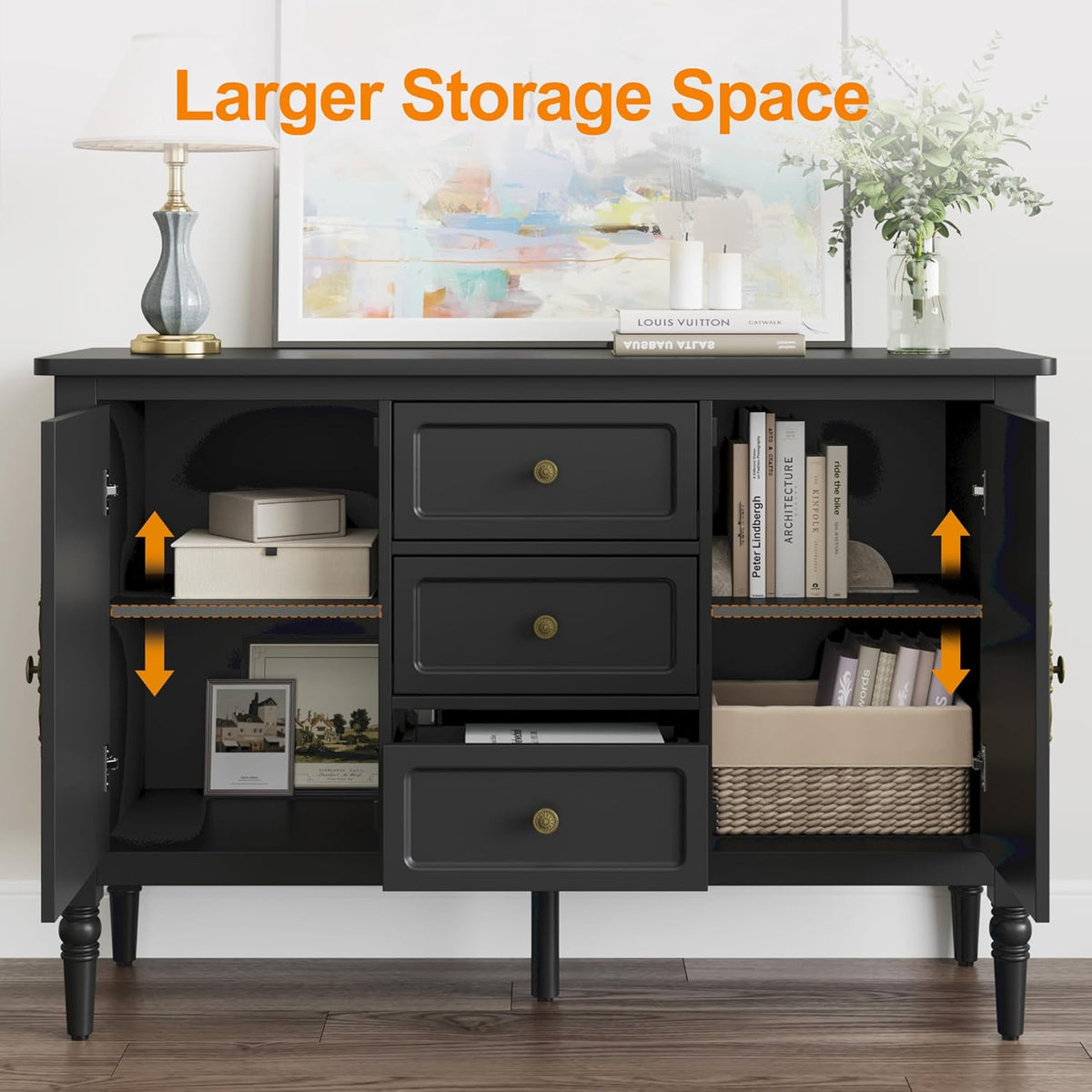 RoyalCraft Storage Cabinet with 2 Doors & 3 Drawers, Mid-Century Sideboard Cabinet with Adjustable Shelves, Wood Buffet Cabinet with Turned Legs, Ideal for Entryway, Living Room, Dining Room