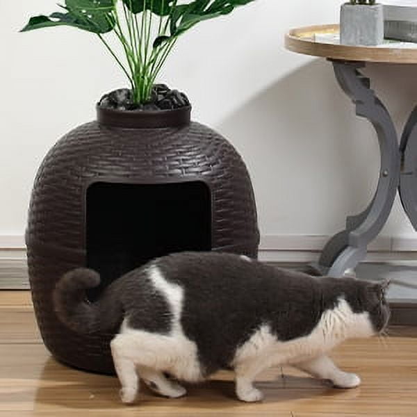 CozyHom Cat Litter Box Furniture with Artificial Plant Hidden, Ventilated Waterproof And Odor Resistant Carbon Filter And 3.3lbs Real Stone Block For Large Cats, Brown