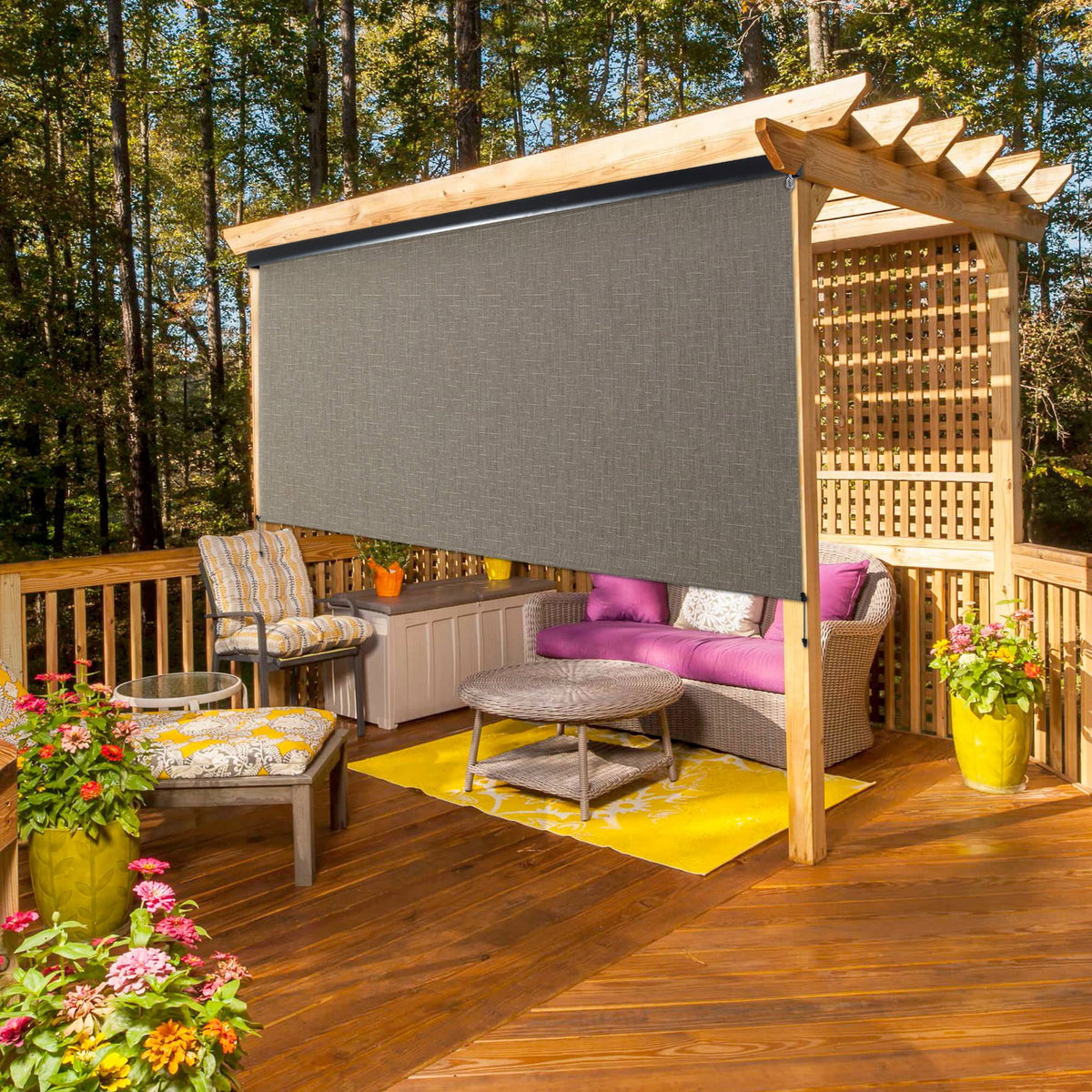 Royalcraft Cordless Outdoor Roller Sun Shade with Pole，8'Wx8'H 420GSM 95% Blockout Waterproof Outdoor Blinds Roll Up for Gazebo Porch, Deck, Pergola,Brown