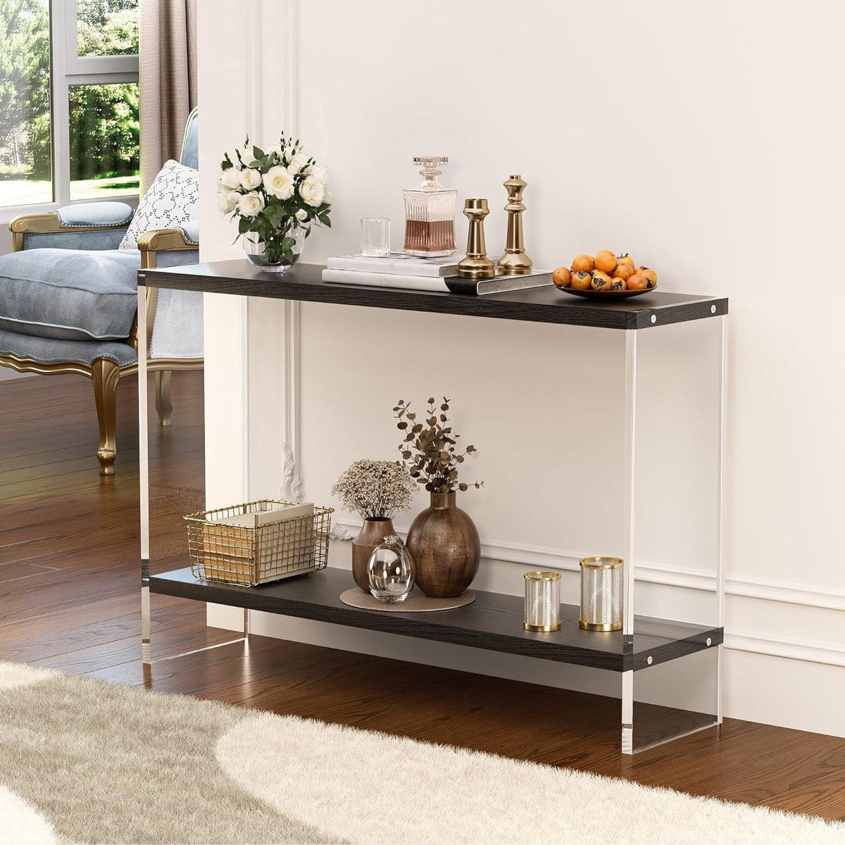 Acrylic Console Table, 47.24" Modern Entryway Table with Storage Shelf, Clear Acrylic Doorway Table, 2-Tier Sofa Table for Living Room, Bedroom, Hallway, and Dining Room (Natural Oak)