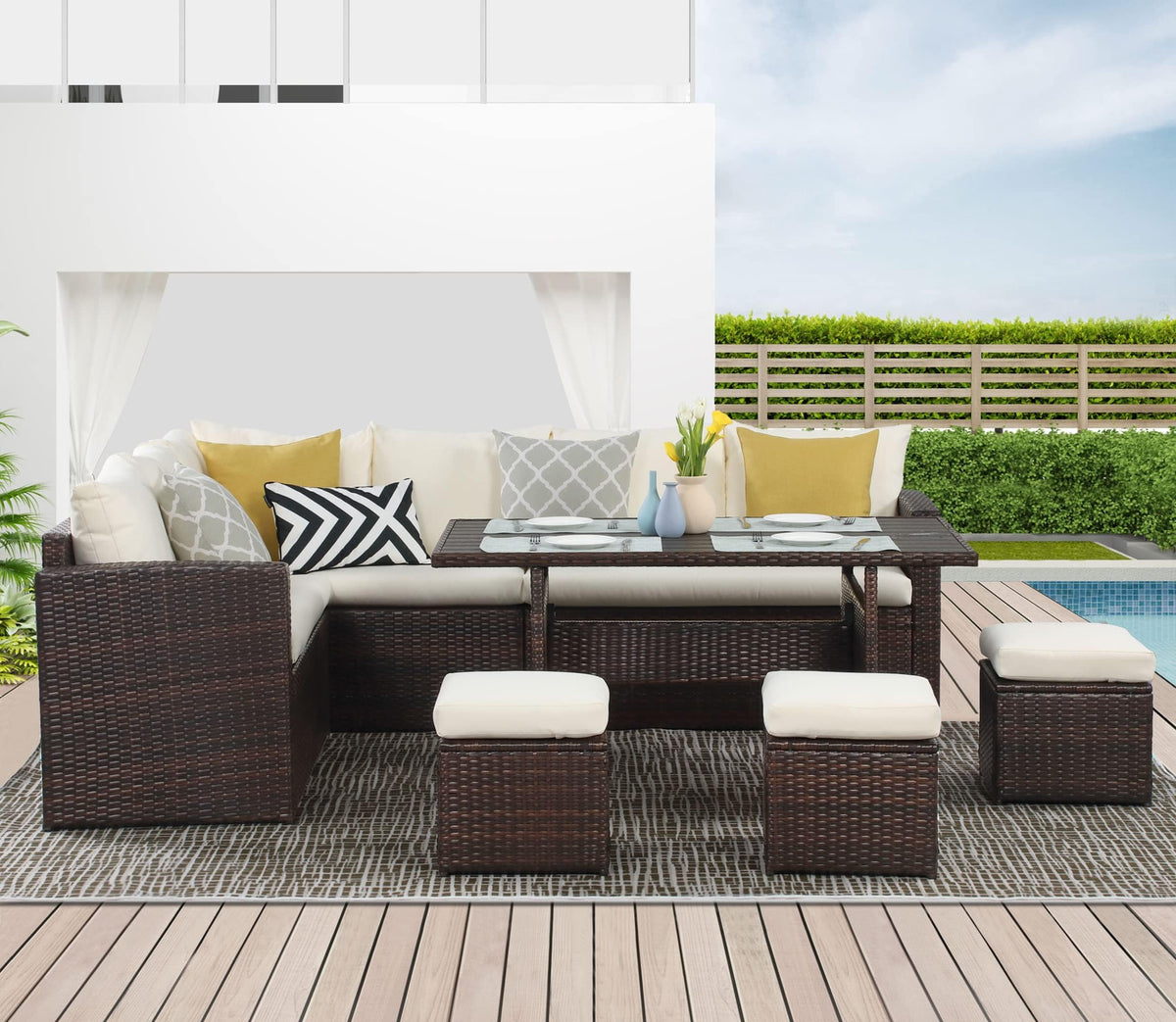 Royalcarft 7 Pcs Outdoor Conversation Set All Weather Wicker Sectional Sofa Set Dining Table Chair and Ottoman,Steel Frame,Ivory